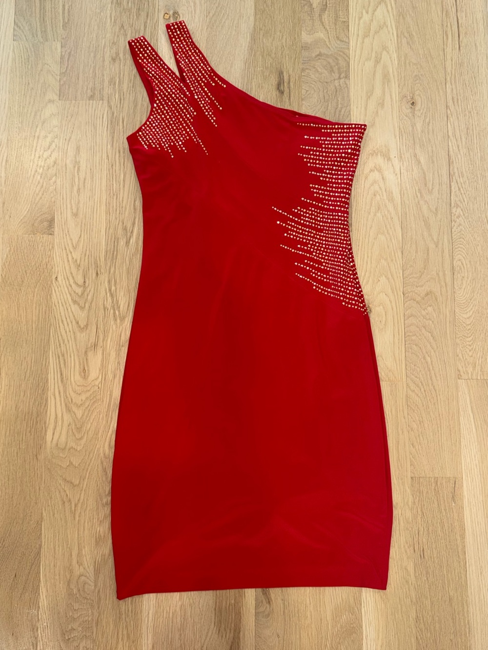 Caché Red Rhinestone One Shoulder Bodycon Cocktail Dress Size 8